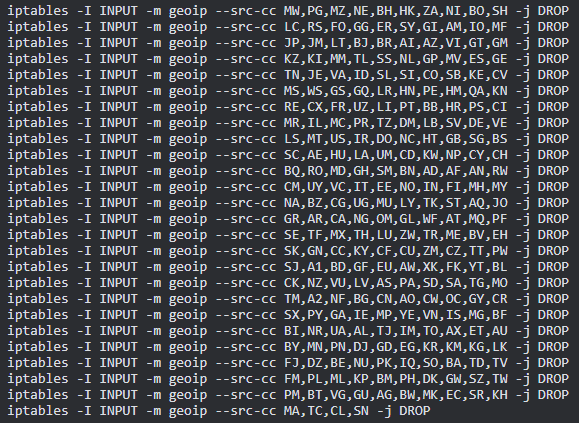 Список iptables-правил для блокировки входящих подключений из более чем 100 стран с использованием geoip-модуля.