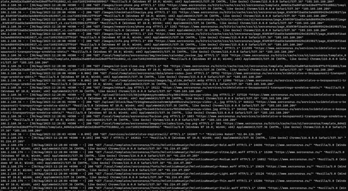 Снимок access-лога Nginx с множеством входящих HTTP-запросов во время DDoS-атаки на сайт.
