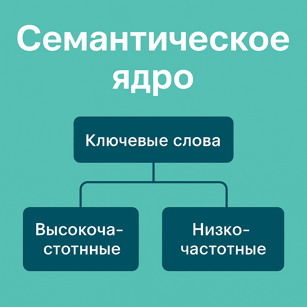 Схема семантического ядра: ключевые слова делятся на высокочастотные и низкочастотные. Простая визуализация для понимания структуры семантики в SEO.