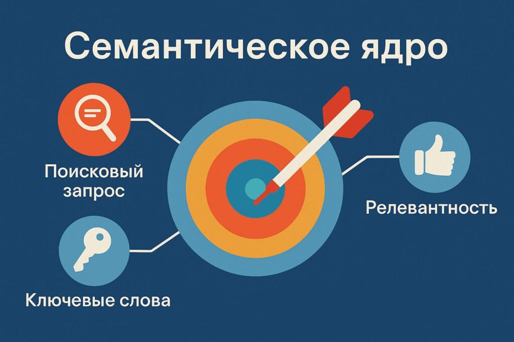 Инфографика «Семантическое ядро»: цель с мишенью, стрелкой и элементами — поисковый запрос, ключевые слова, релевантность. Иллюстрация визуализирует структуру семантического ядра для SEO.